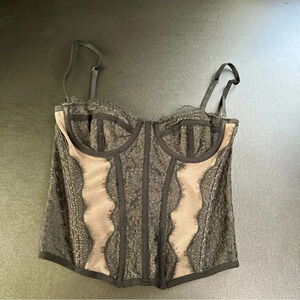 Women’s Small Corset Black Taupe Boned Lace Dark Romantic‎ Whimsigoth Coquette